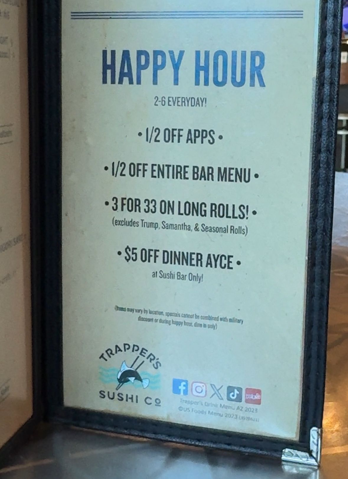 A happy hour menu for trappers sushi co.