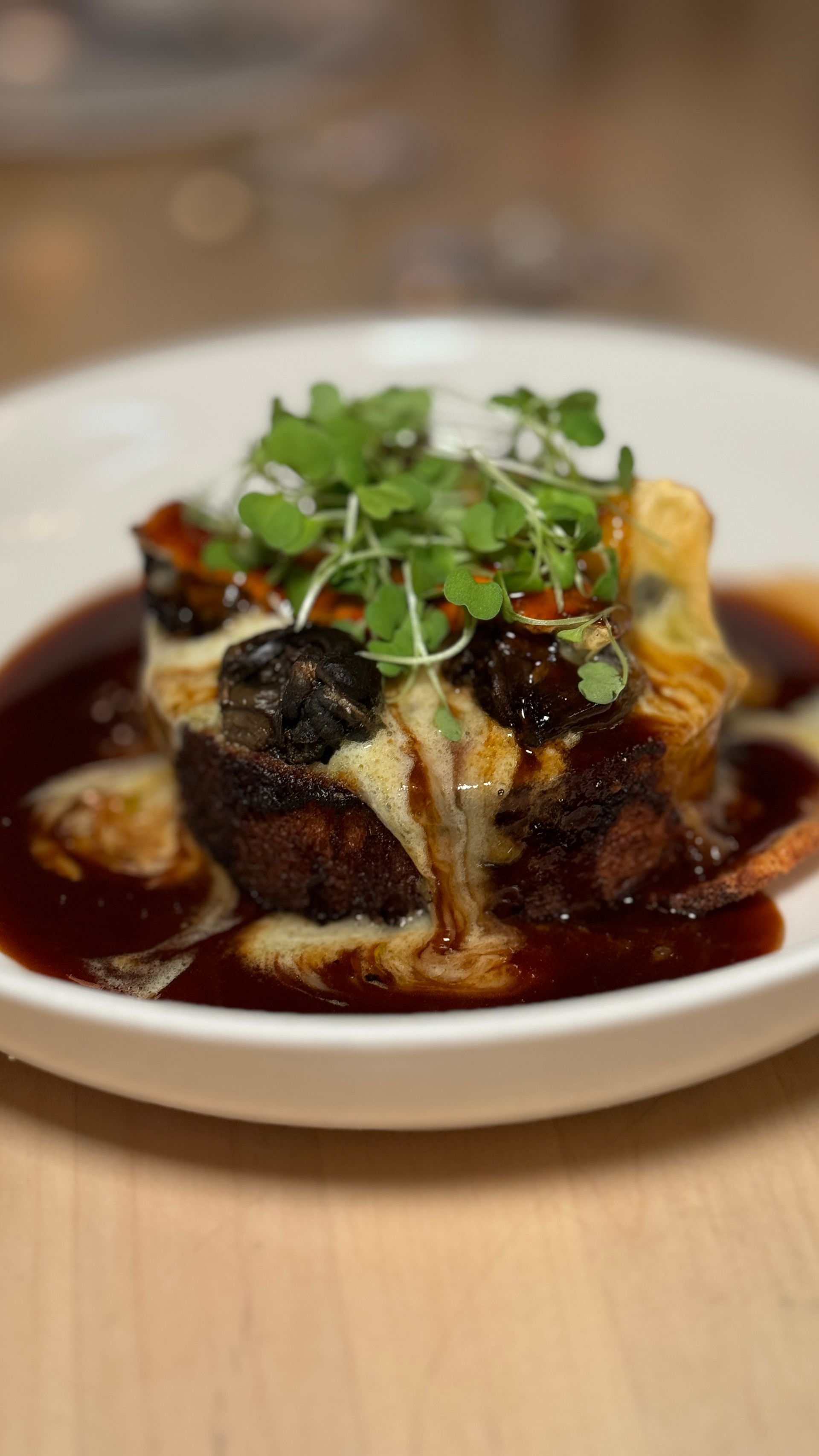 A close up of a plate of food on a table.