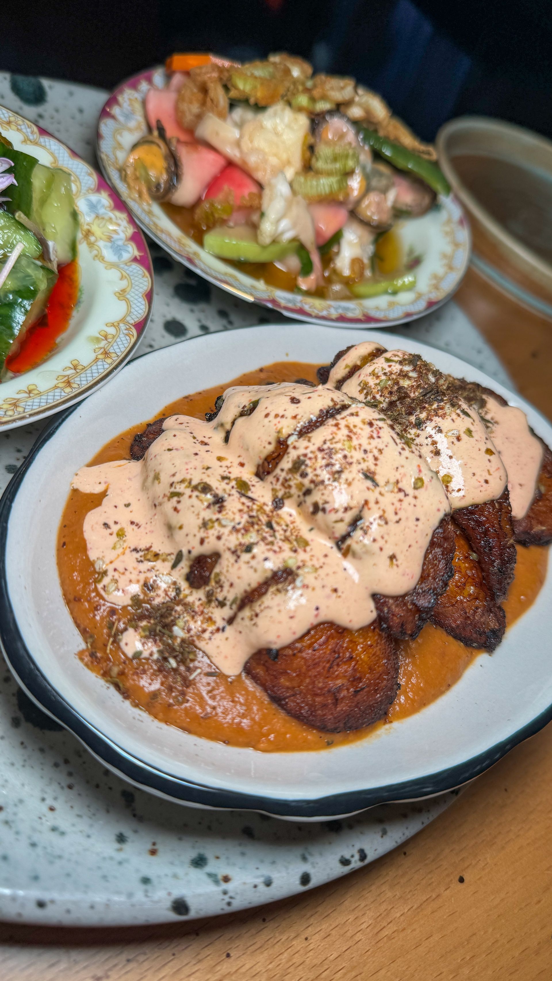 A close up of a plate of food on a table.