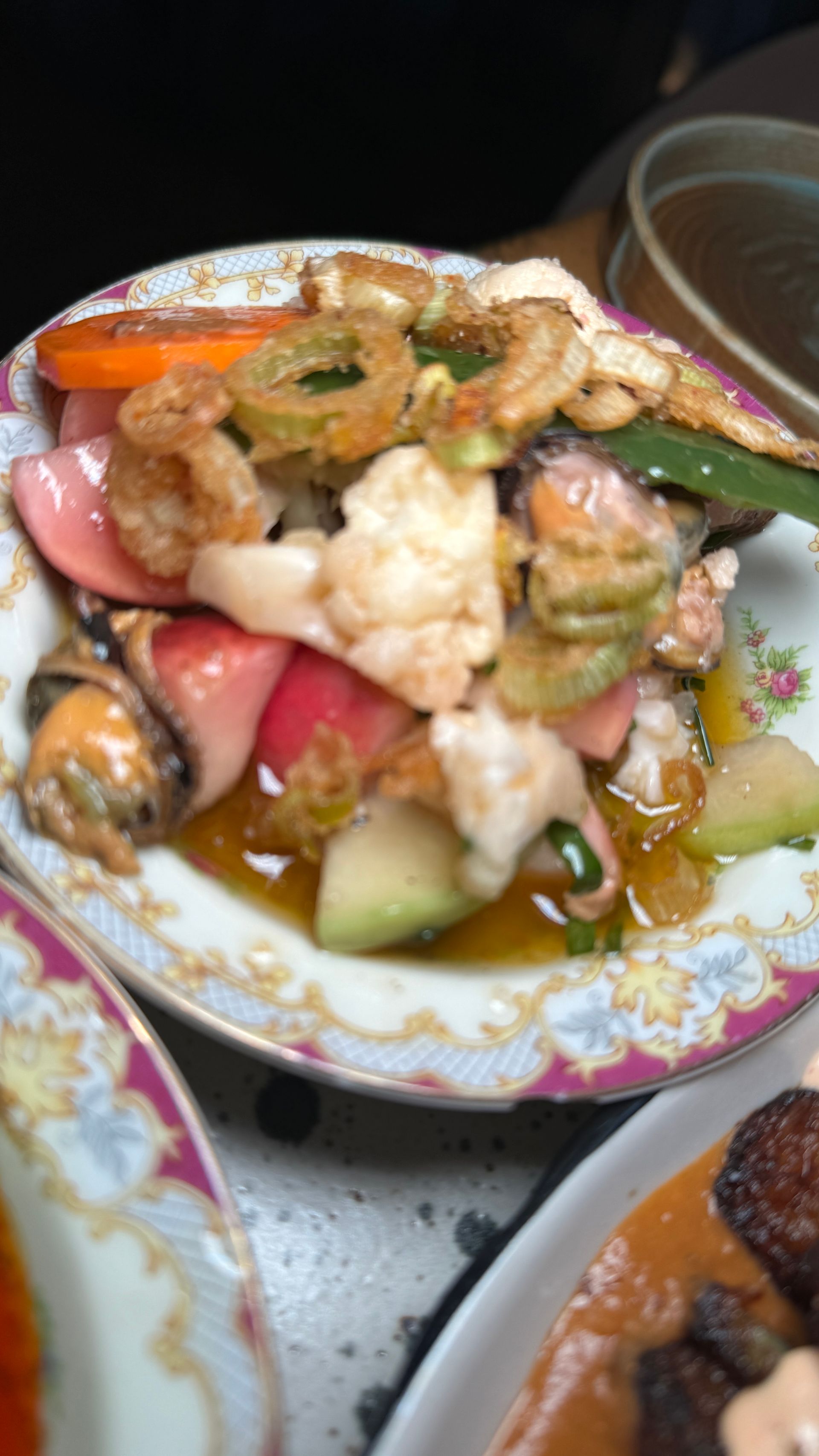 A close up of a plate of food on a table.