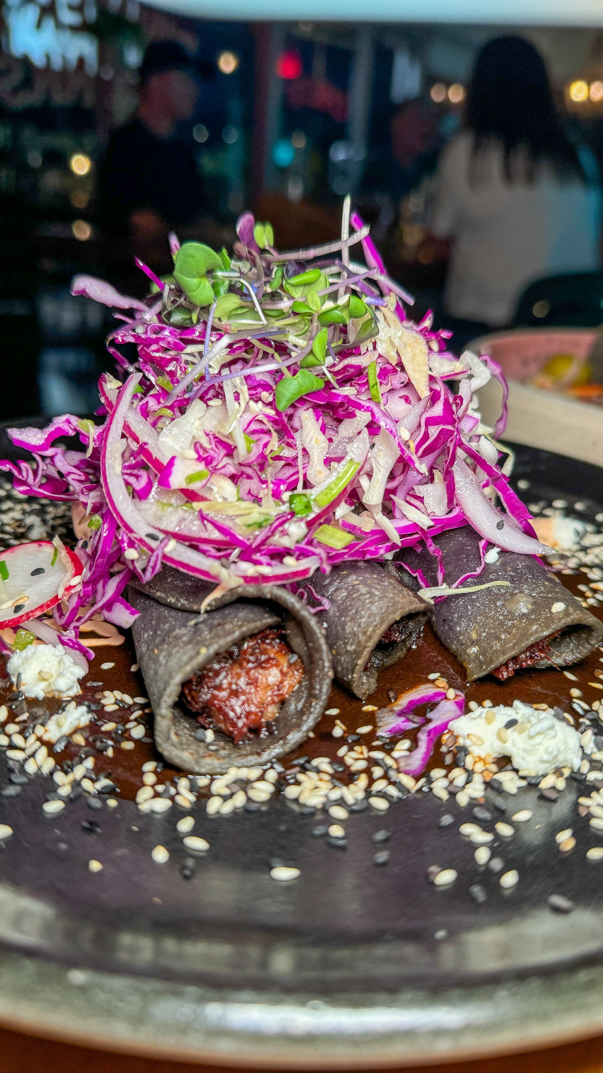 A close up of a plate of food on a table.