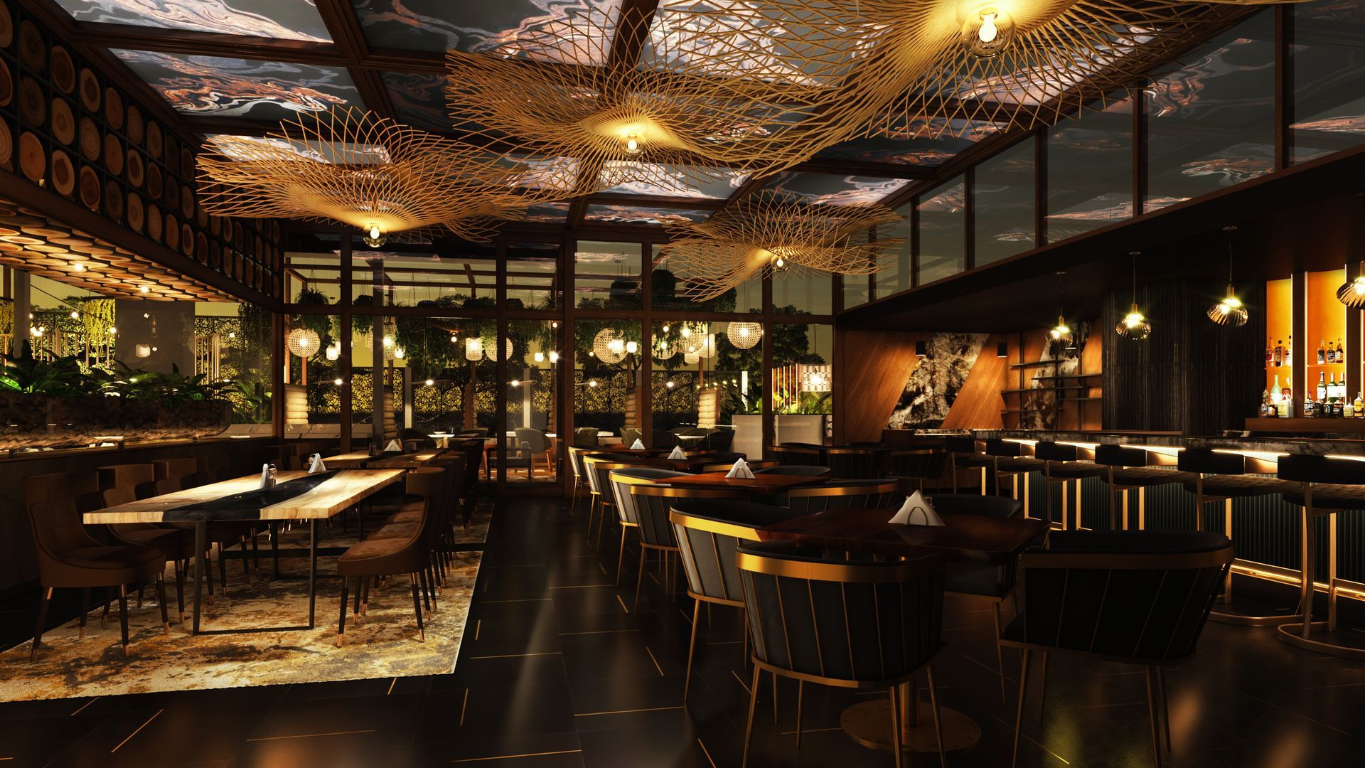 An artist 's impression of a restaurant with tables and chairs at night.