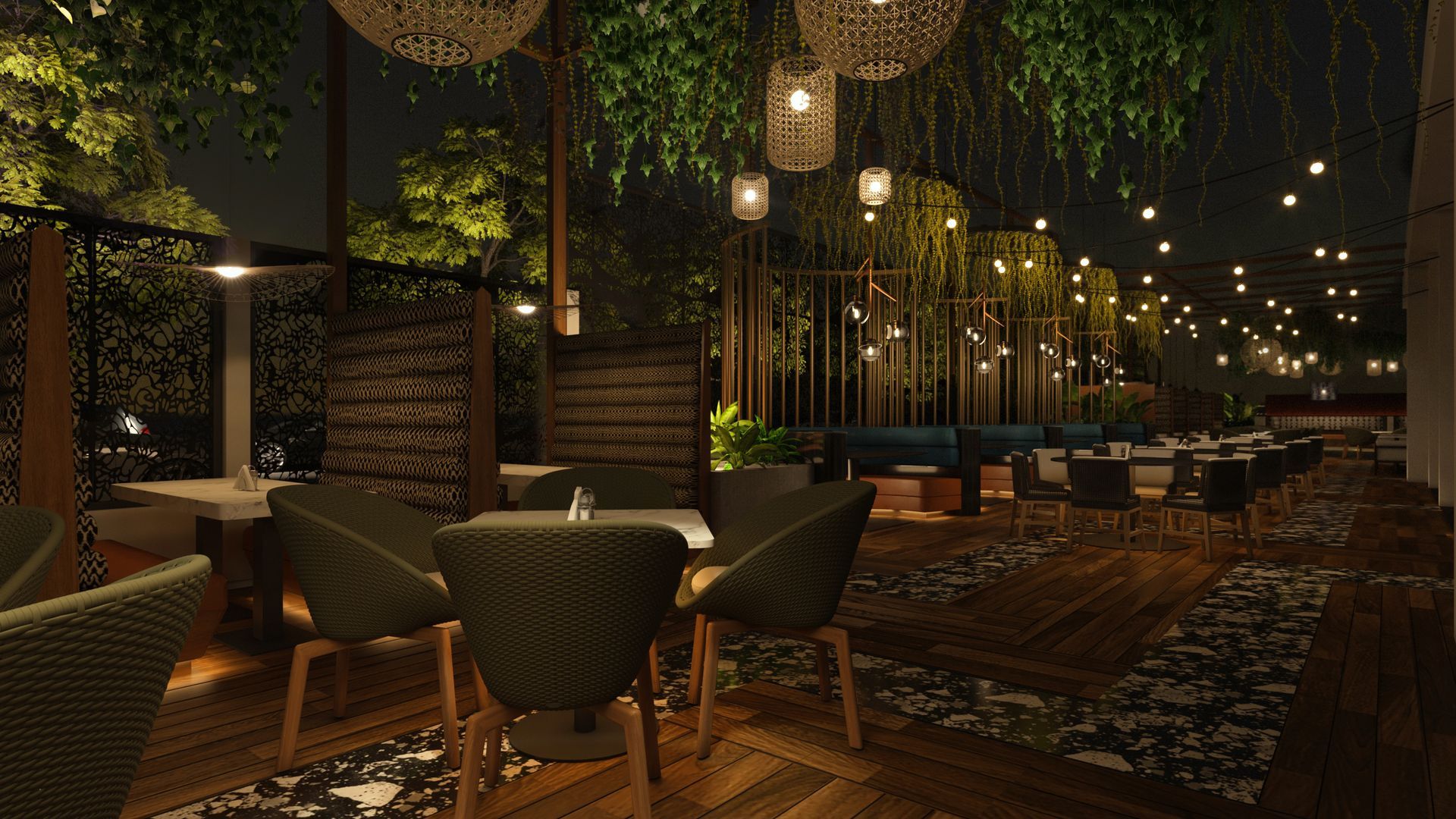 A rendering of a restaurant with tables and chairs at night.