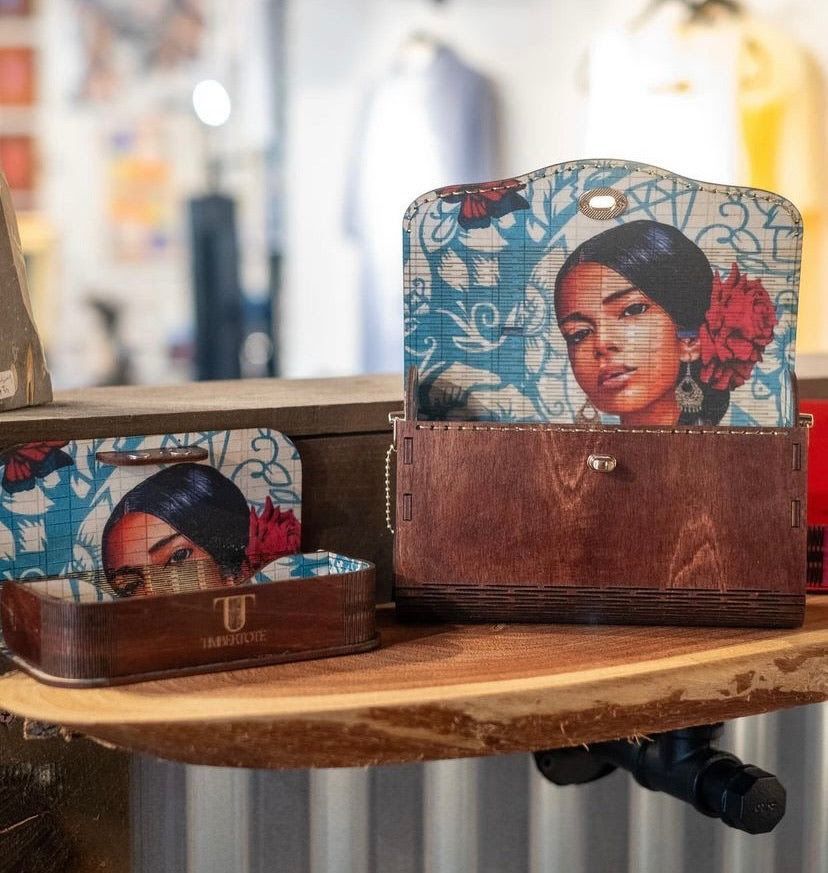 A wooden box with a picture of a woman on it