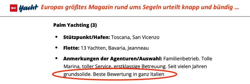 Zitat der Fachzeitschrift Yacht vom 22.03.2024 YACHT.de Urteil über Palm Yachting, Beste Bewertung in ganz Italien.