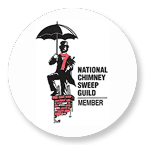 National Chimney Sweep Guild member badge: chimney sweep holding umbrella atop a brick chimney.