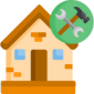 House icon with tools; repair and maintenance concept.