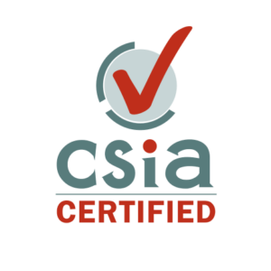 CSIA Certified logo: gray letters, red checkmark over a gray circle, and a red