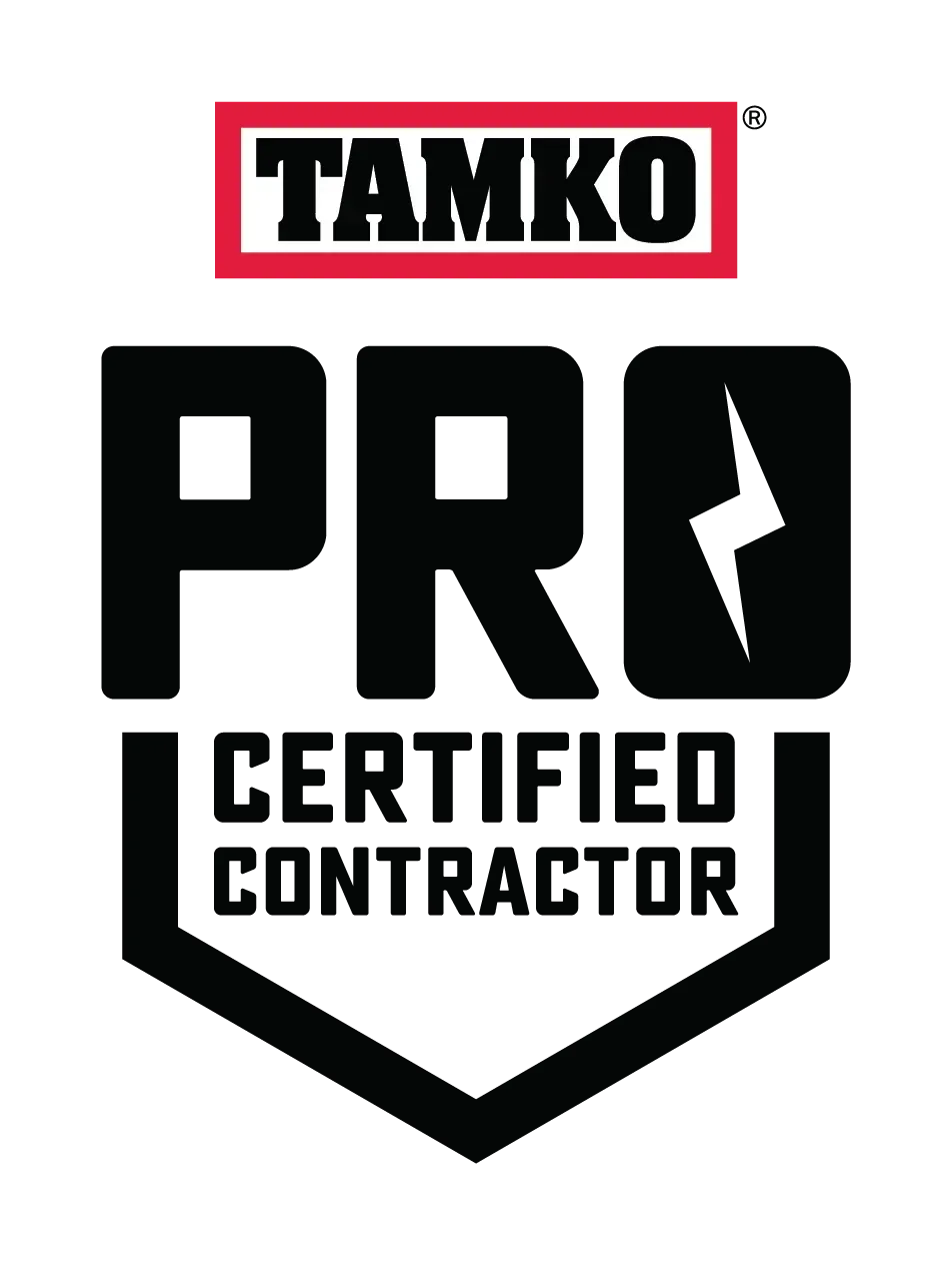 TAMKO Pro Certified Contractor logo with red and black text on white background.