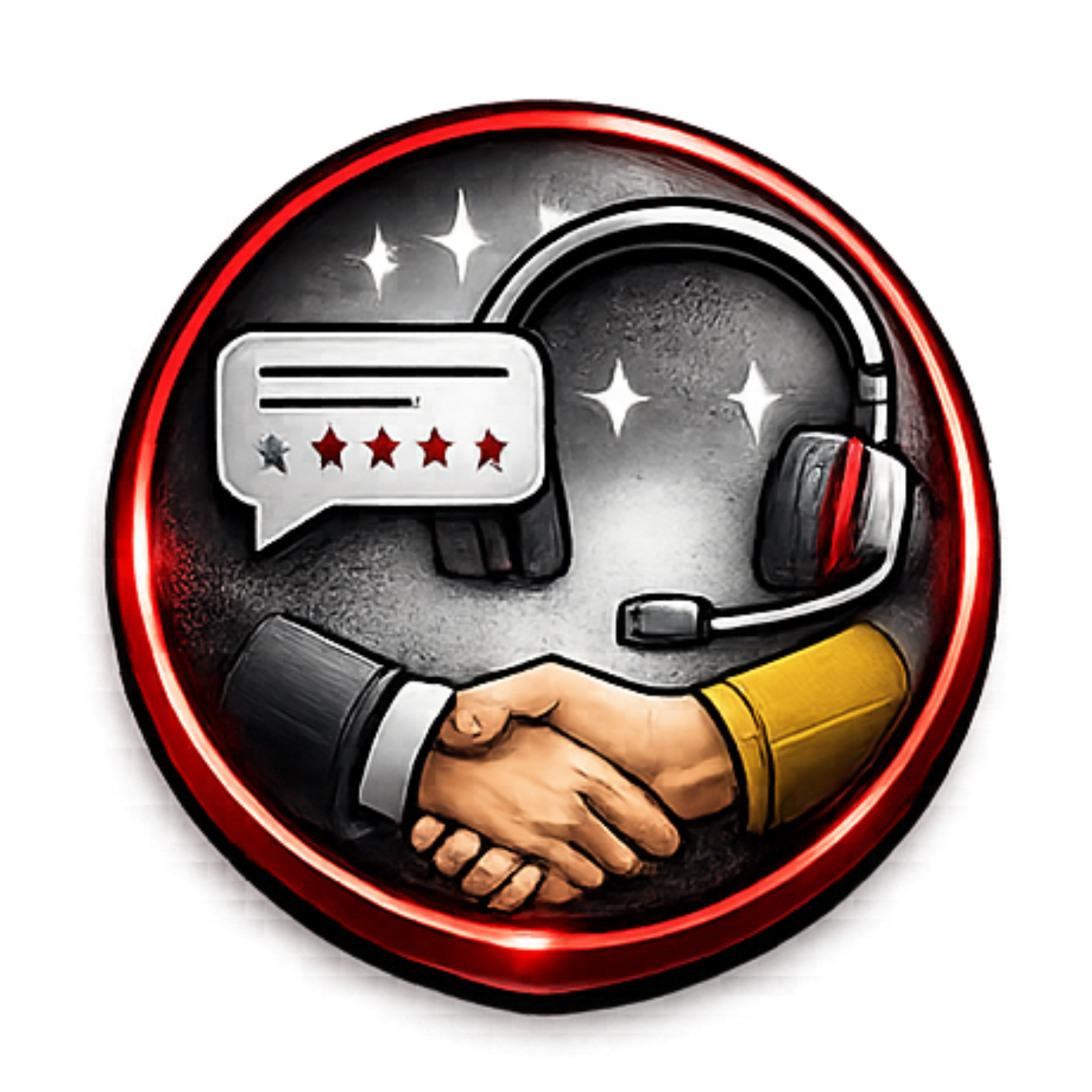A handshake between two people, with a headset and a four-star speech bubble icon, set in a circular red-bordered frame.