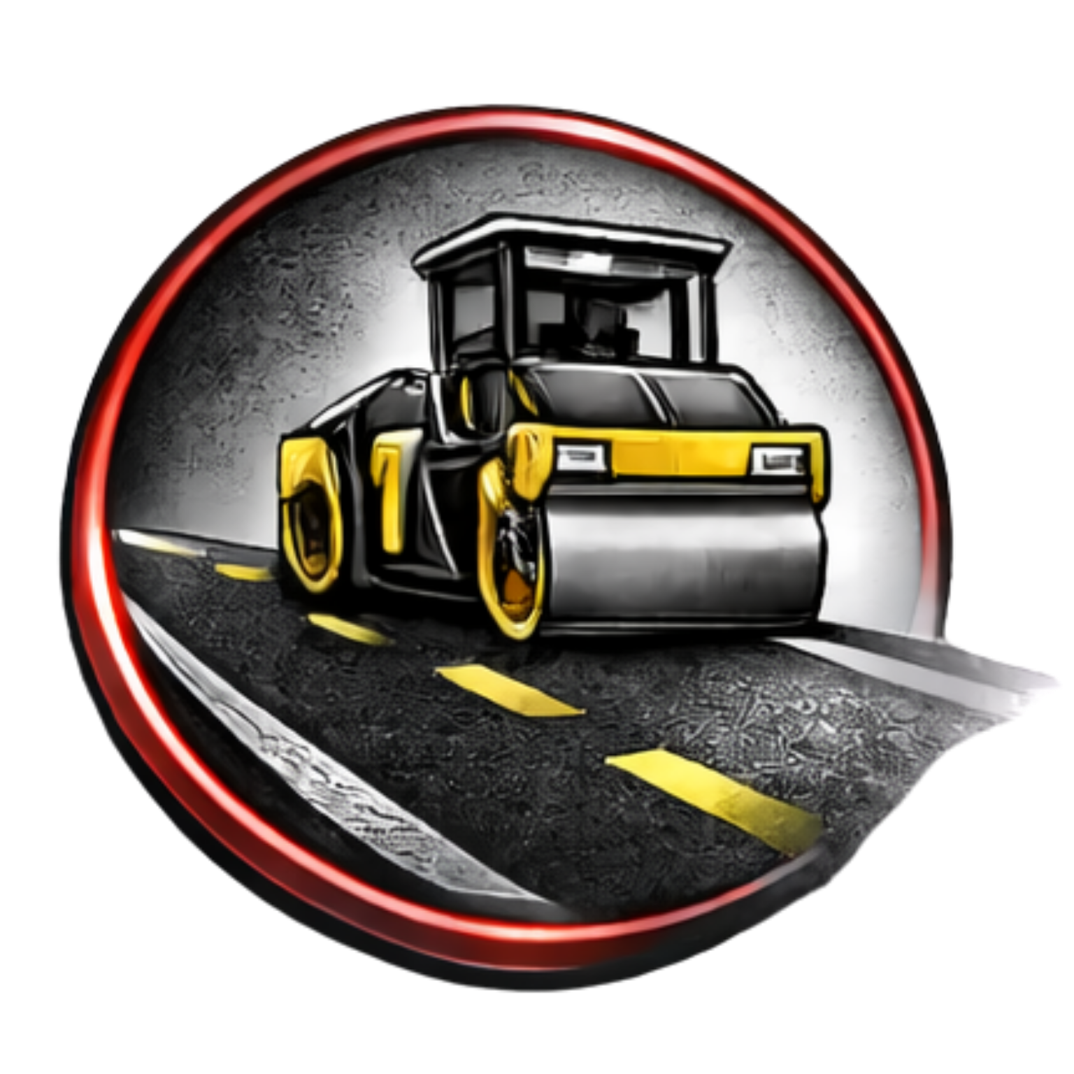Road roller compacting asphalt on a road, inside a round, red-rimmed icon.