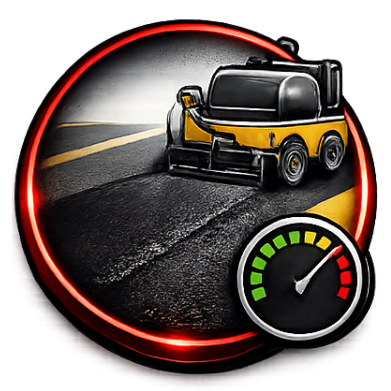 Yellow compactor compacting gravel layers, inside a circle with a checkmark.