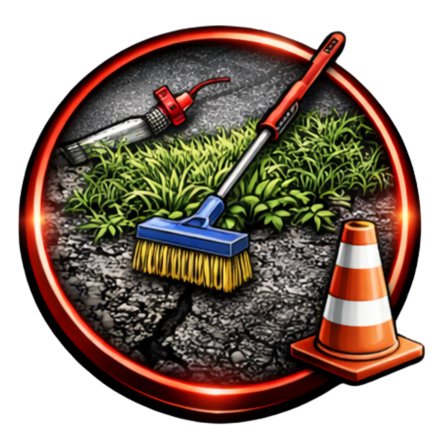 A scrubbing brush rests on cracked pavement with grass, a cleaning fluid bottle, and a safety cone inside a red circle.