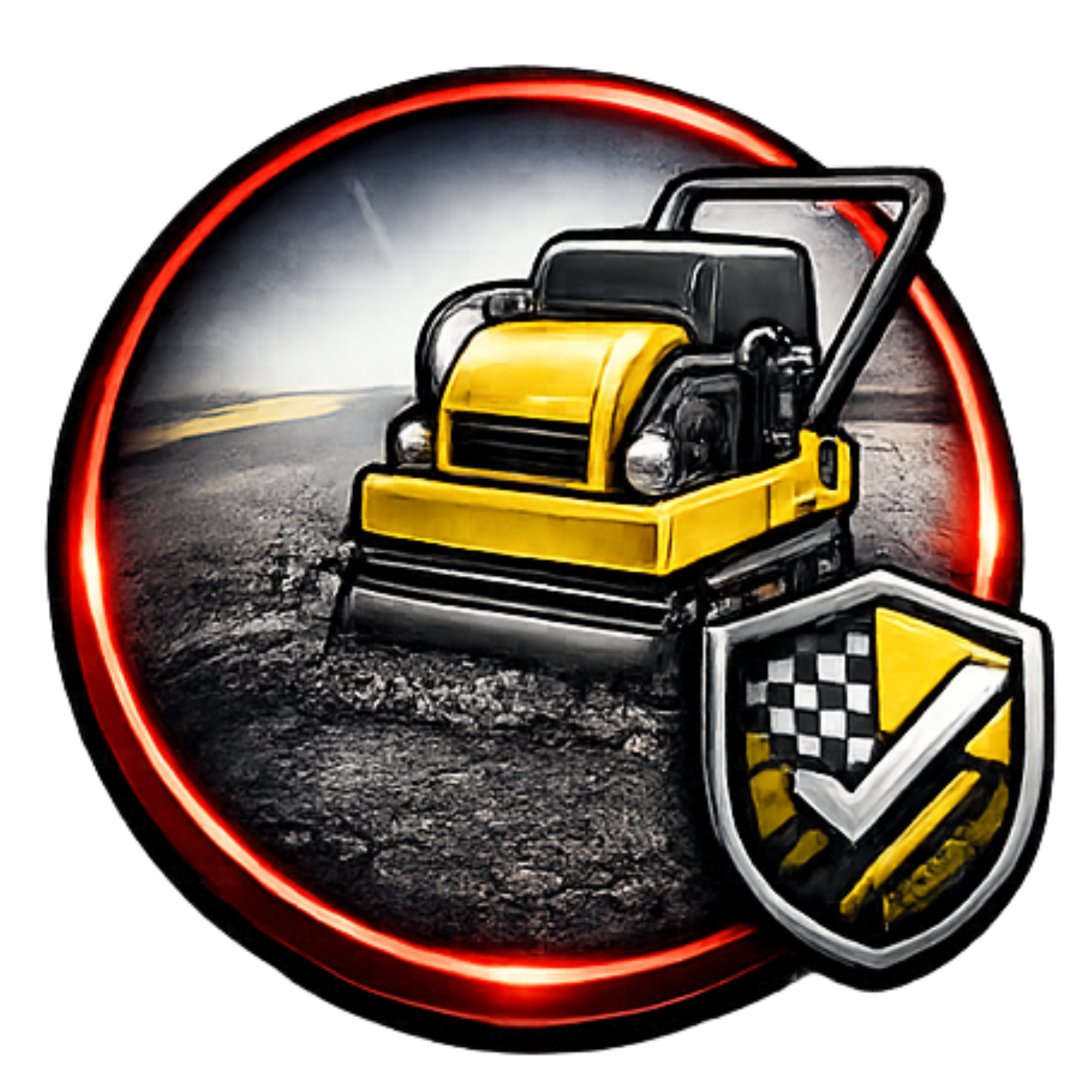 A circular emblem shows a yellow vibratory plate compactor on dark soil, with a shield icon featuring a checkered flag.