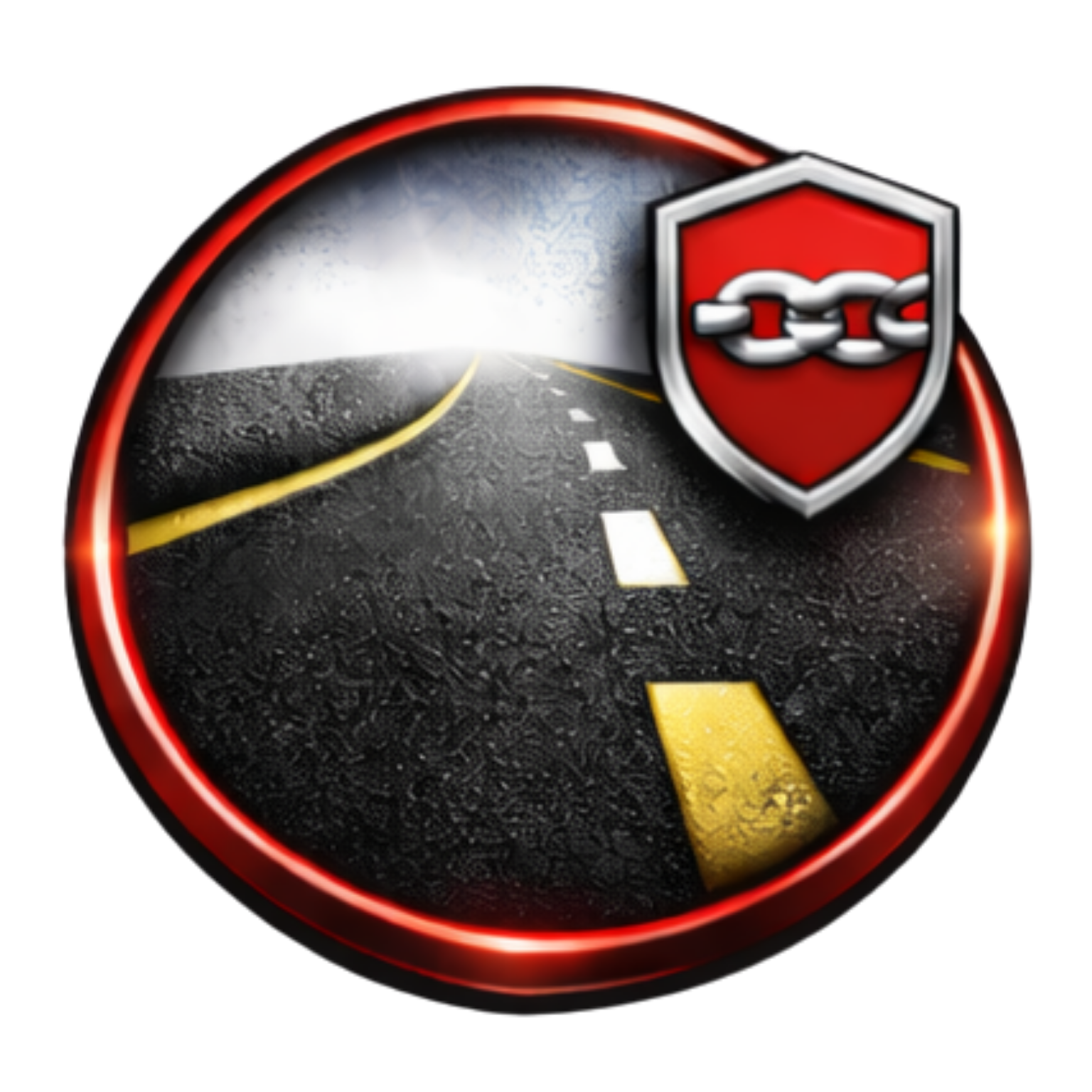 A red-bordered circular icon shows a dark road receding into the distance, with a red shield containing a chain link.