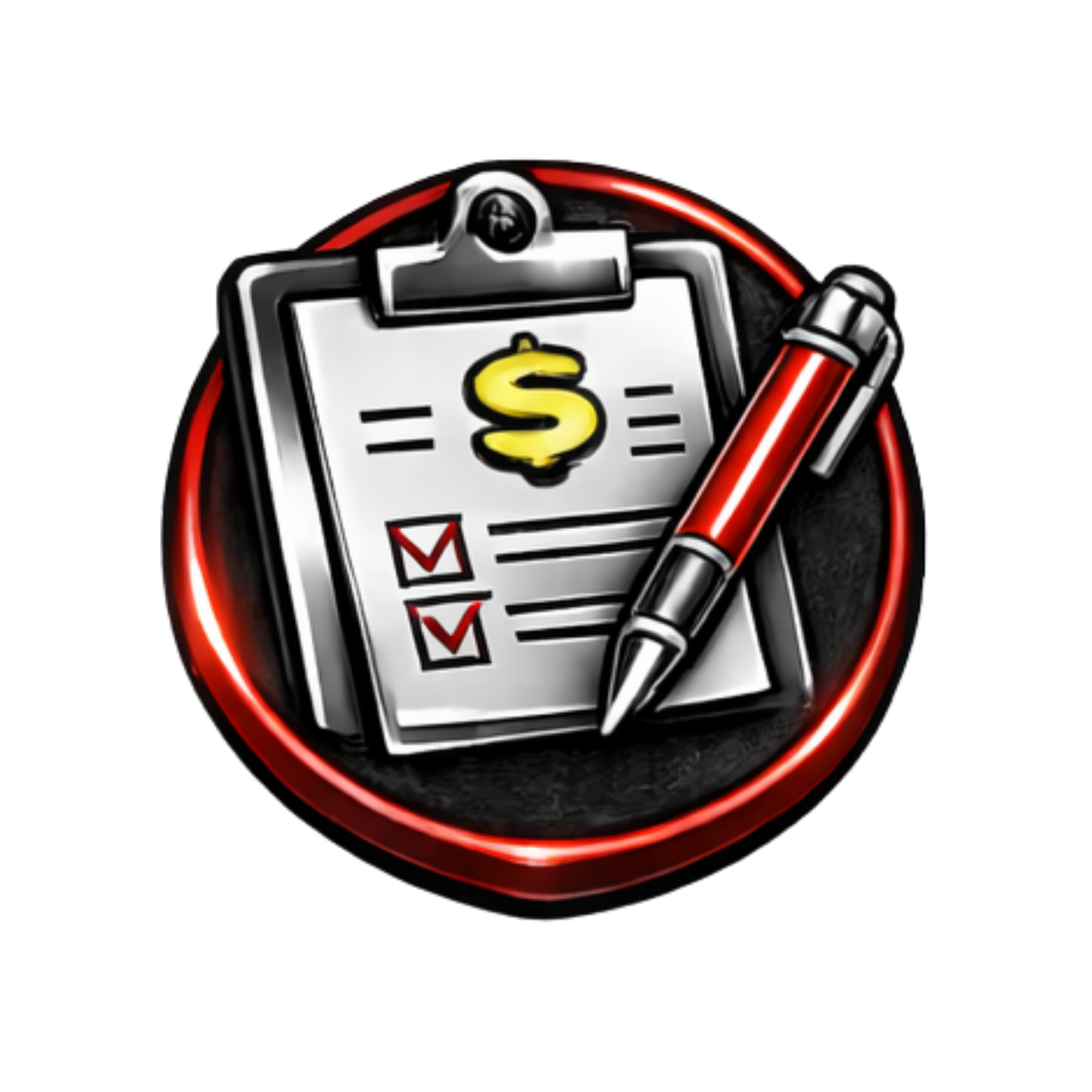 Clipboard with a dollar sign, checklist, and pen. Red and black accents.