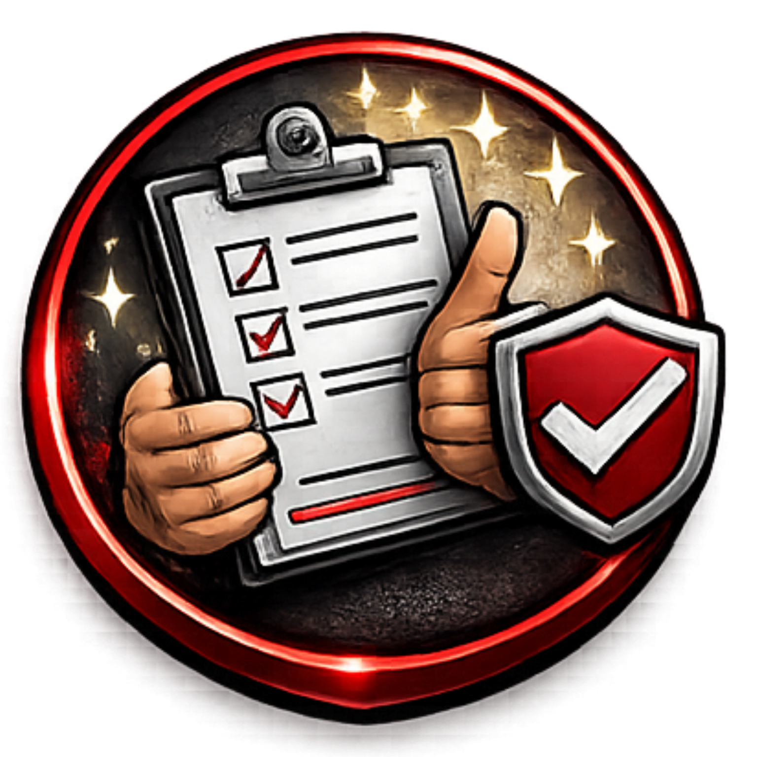 A hand holds a clipboard with three checkmarks, accompanied by a shield with a checkmark, all within a circular red frame.