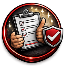 A hand holds a clipboard with three checkmarks, accompanied by a shield with a checkmark, all within a circular red frame.