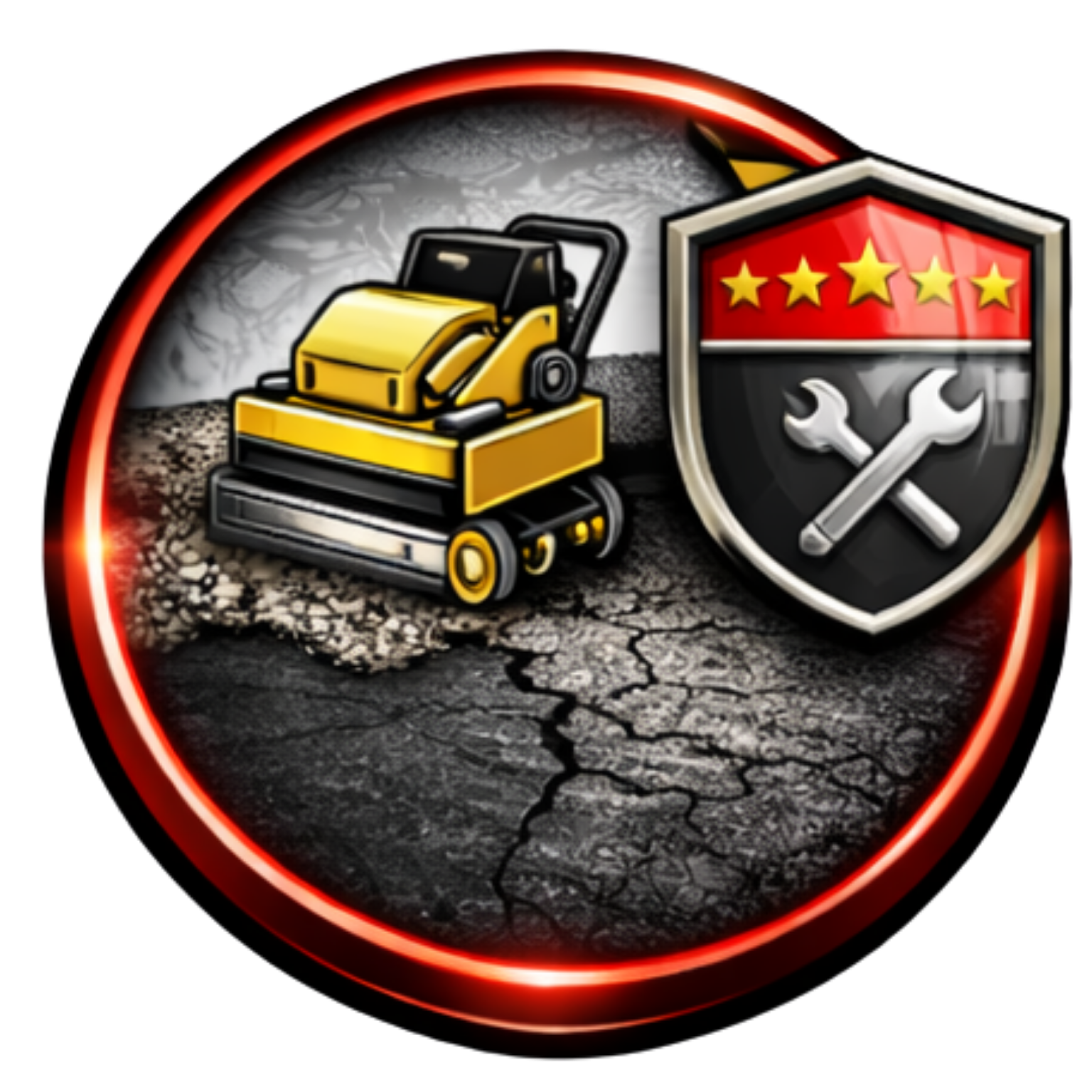 A yellow plate compactor on cracked pavement next to a red-and-black shield icon featuring five stars and crossed wrenches.