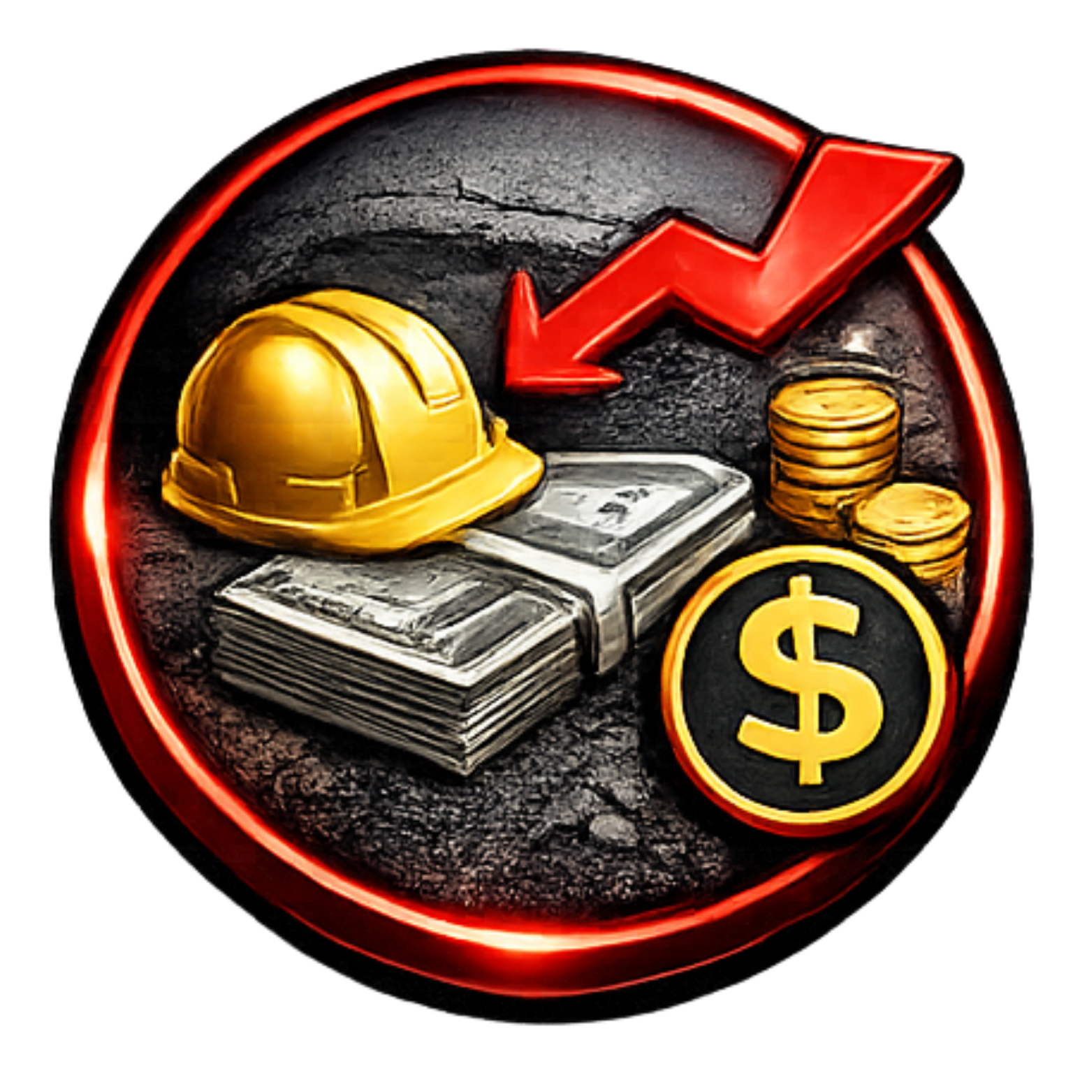 A yellow hard hat sits on a stack of cash next to a gold dollar coin, overlaid by a red downward-trending arrow.