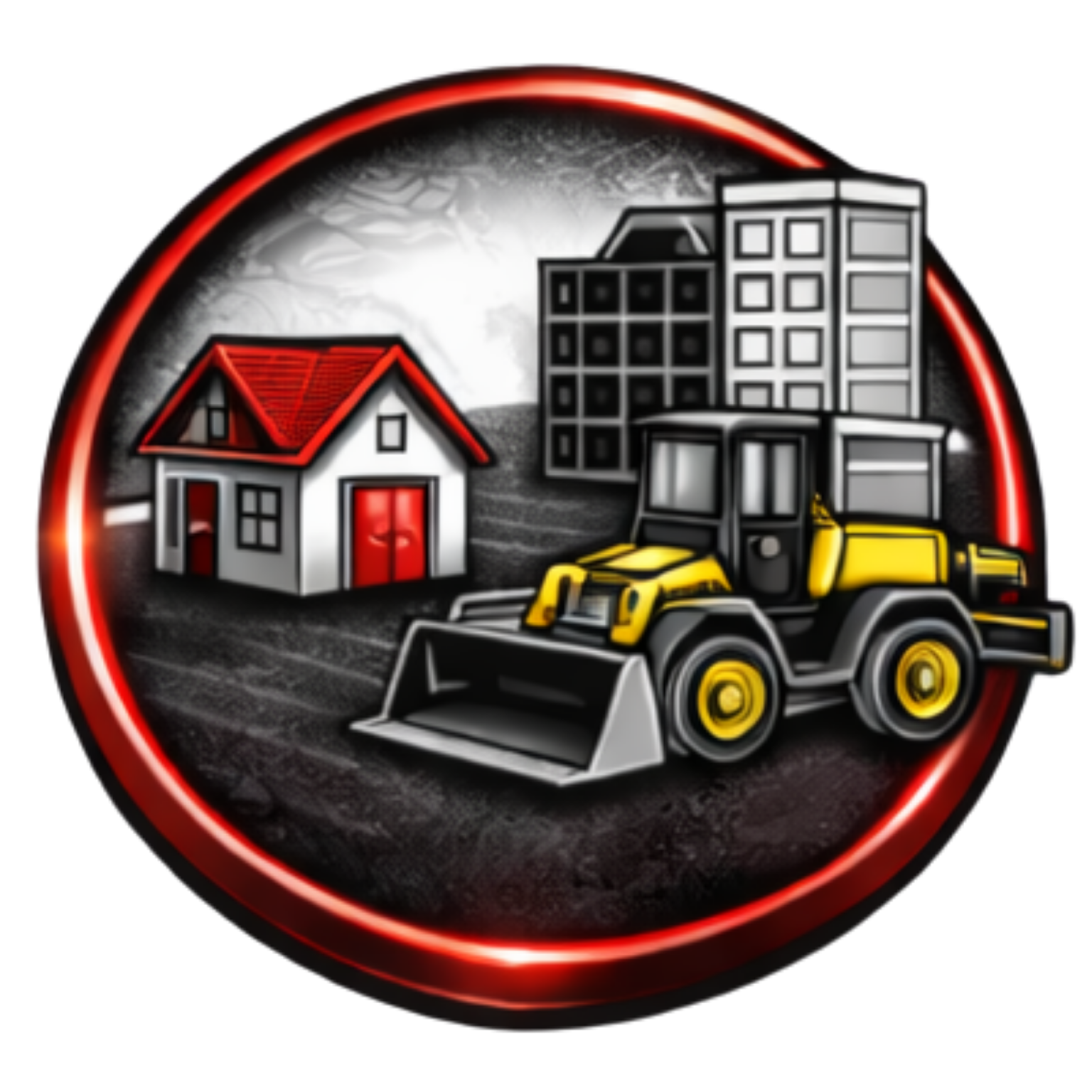A yellow bulldozer sits between a house with a red roof and a tall, grey building inside a circular red-bordered frame.