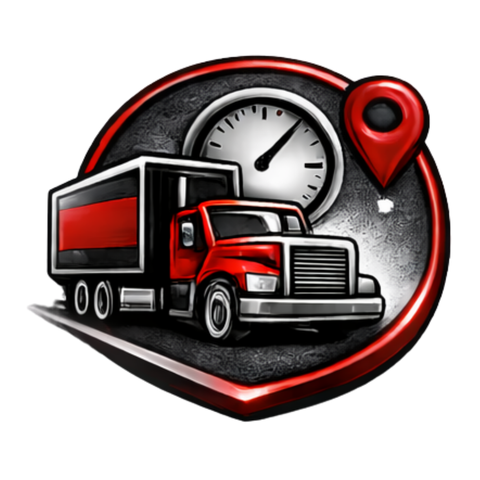 Red semi-truck with trailer, speedometer, and location pin icon on a dark, textured background.