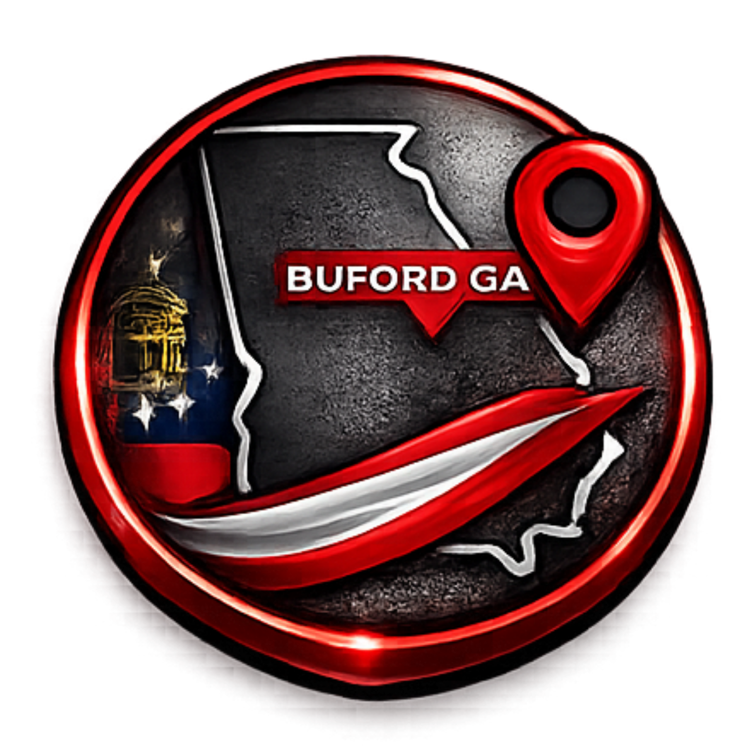 A circular emblem featuring a map of Georgia with a red location pin and text reading 