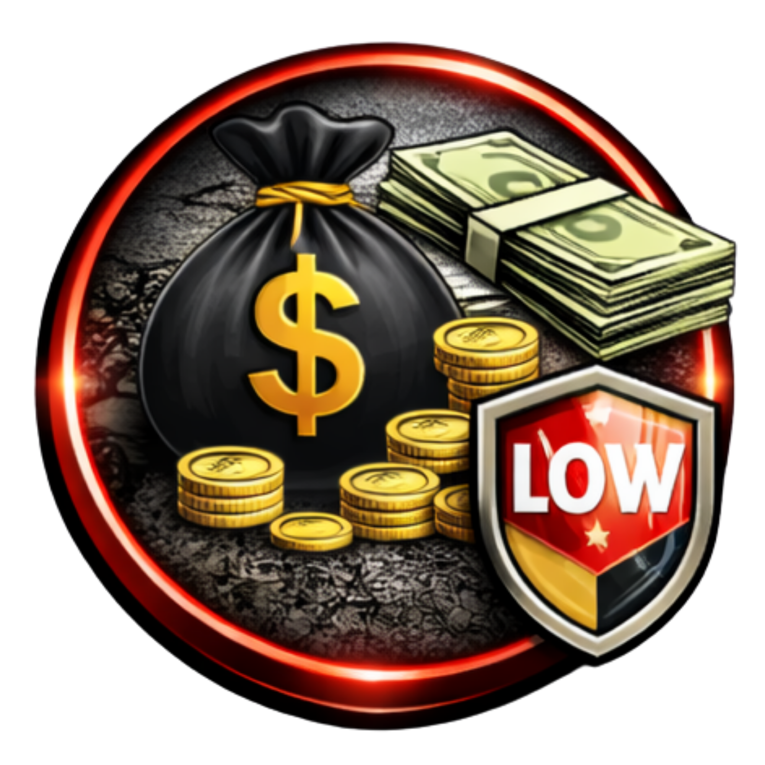 A money bag, stacks of cash, and gold coins next to a shield icon with the word 