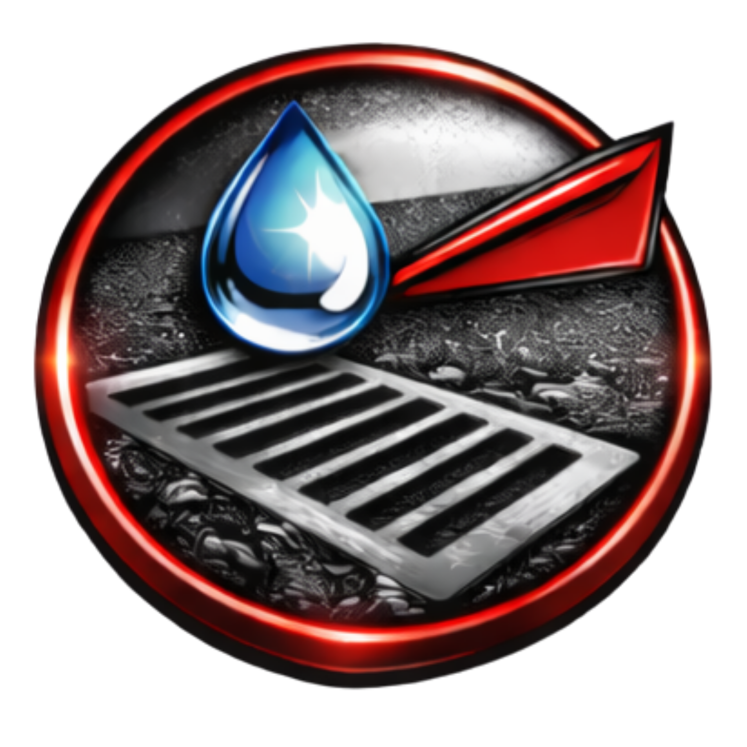 A blue water drop sits above a metal storm drain grate inside a circular frame with a red border and a red wedge.