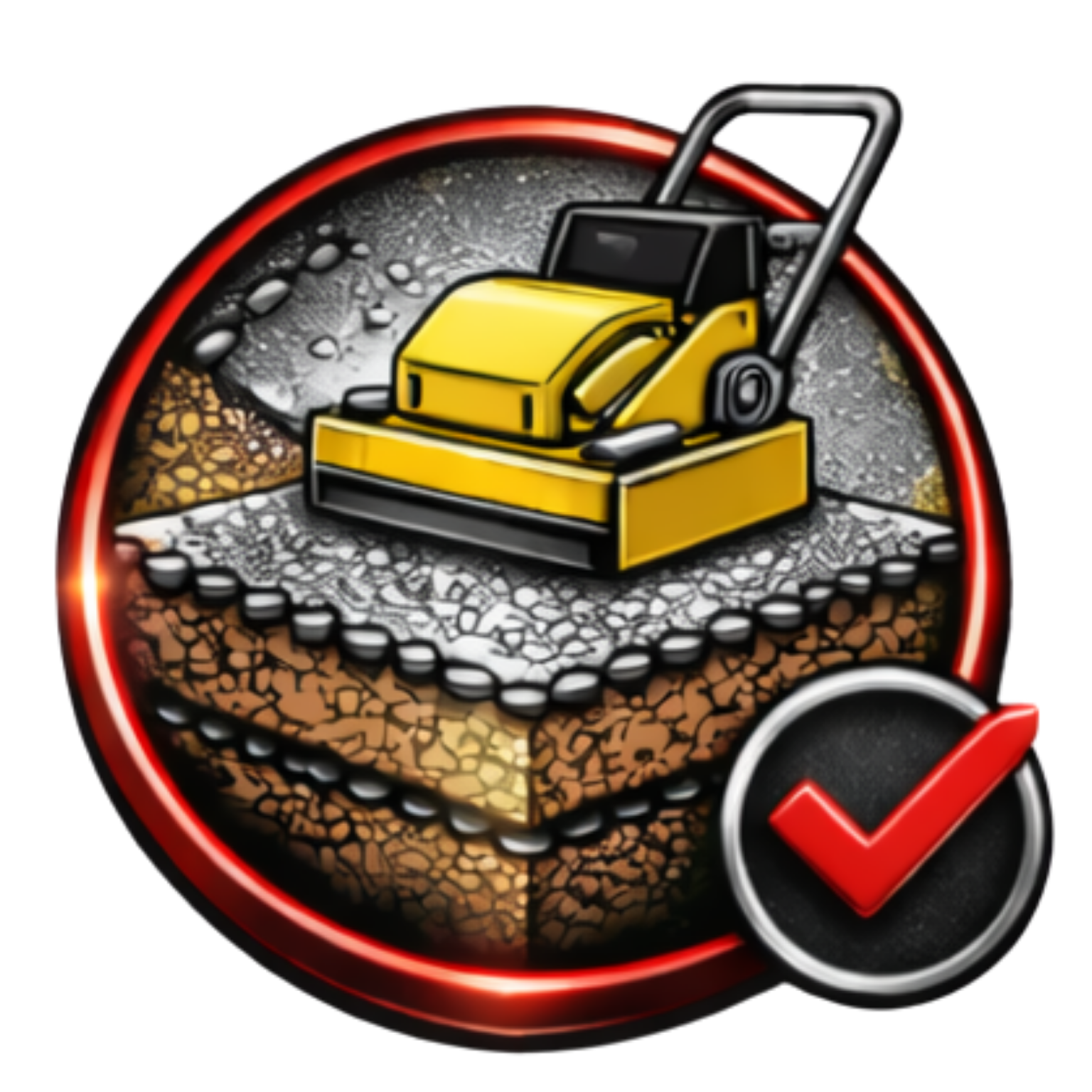 A yellow plate compactor rests on a layered soil cross-section inside a red circular frame with a red checkmark badge.
