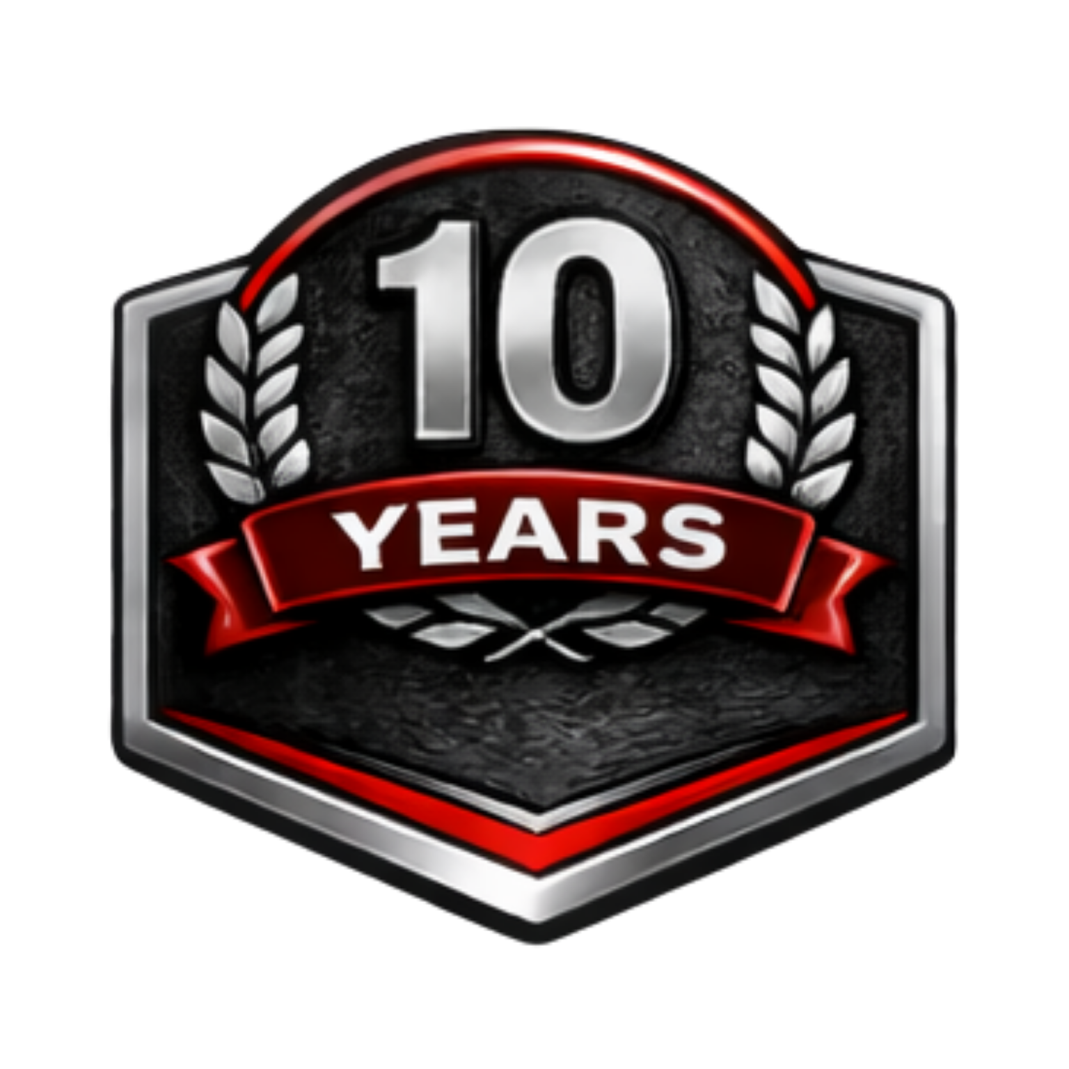Shield emblem celebrating 10 years, featuring 