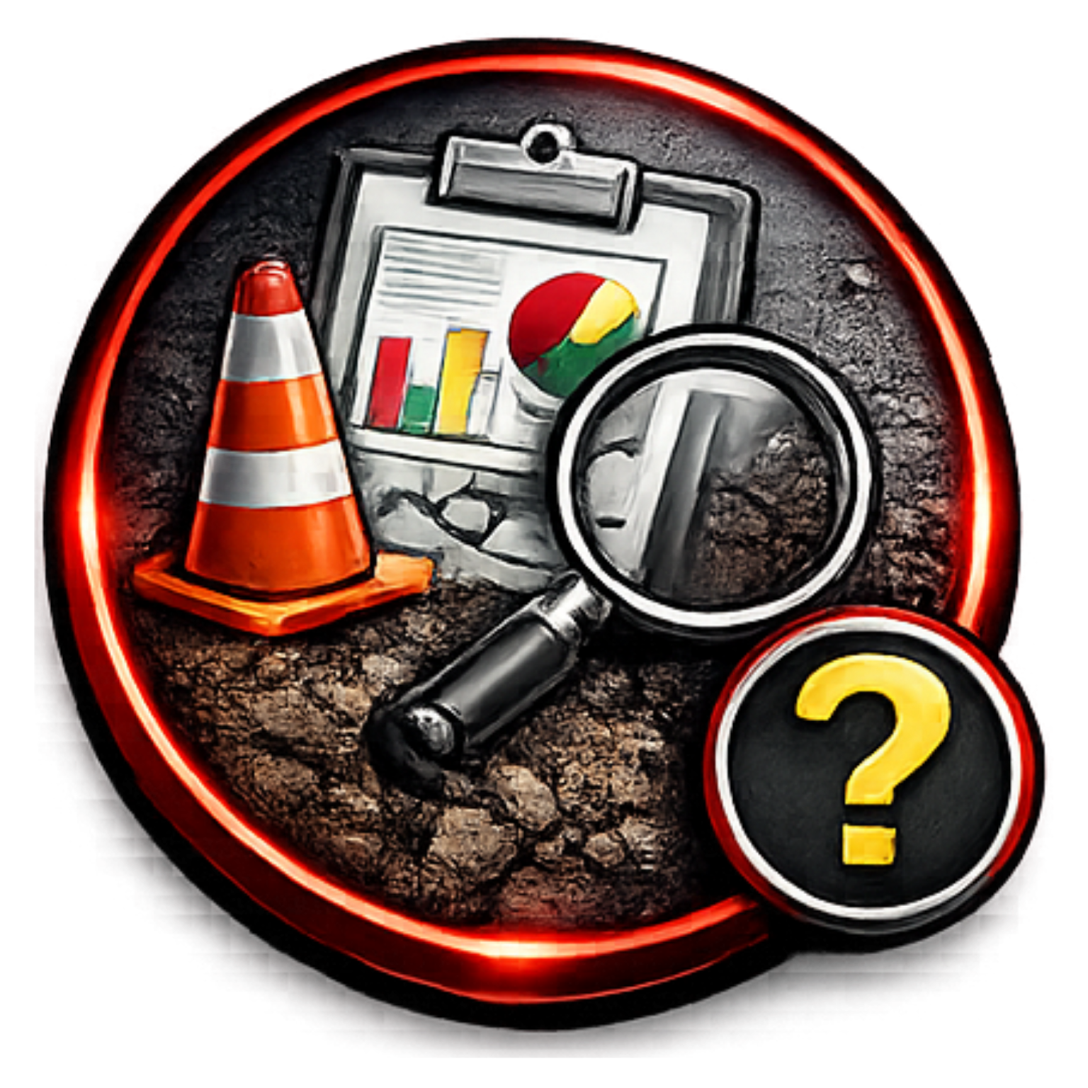 A traffic cone, a clipboard with charts, and a magnifying glass on a dirt surface, with a yellow question mark icon.
