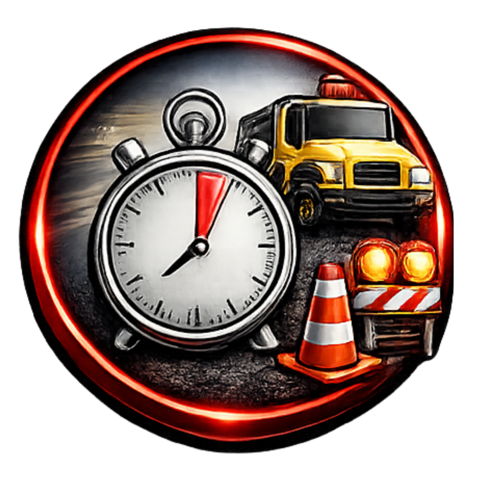A circular icon featuring a stopwatch, a yellow truck, and an orange traffic cone against a dark road background.