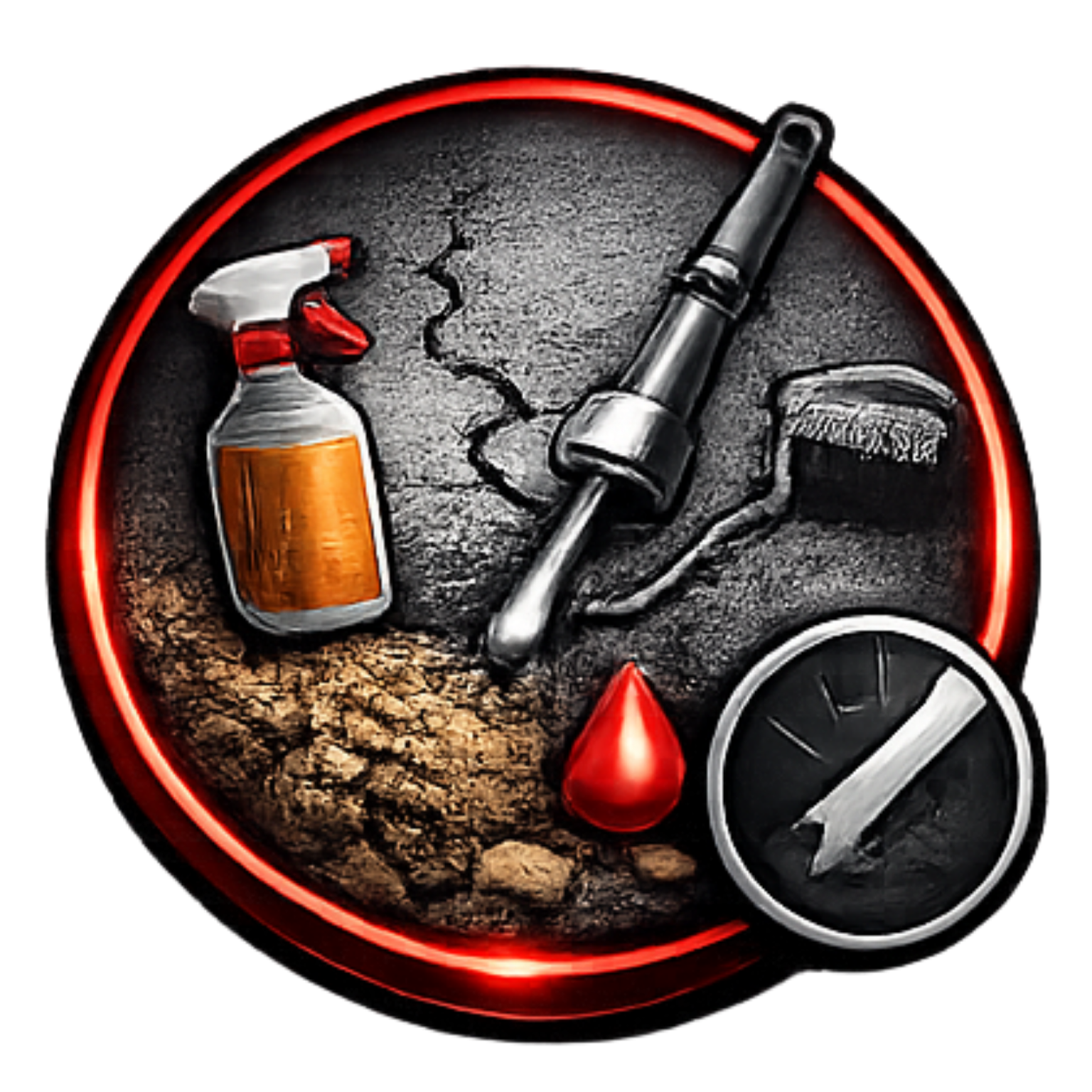 Circular graphic with a road, shield with chain icon. Red and black color scheme.