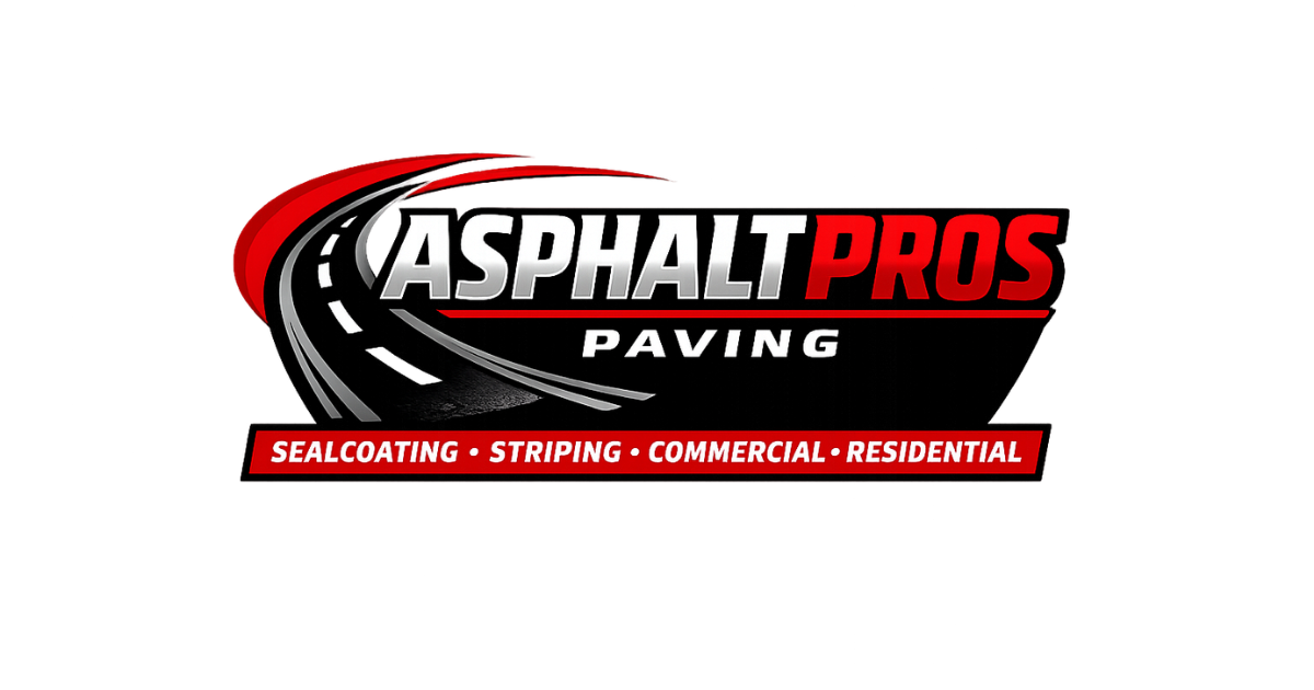 Logo for Asphalt Pros Paving: Black and red design with road and text