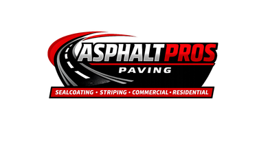 Logo for Asphalt Pros Paving featuring a black road graphic, and the services: sealcoating, striping, commercial.