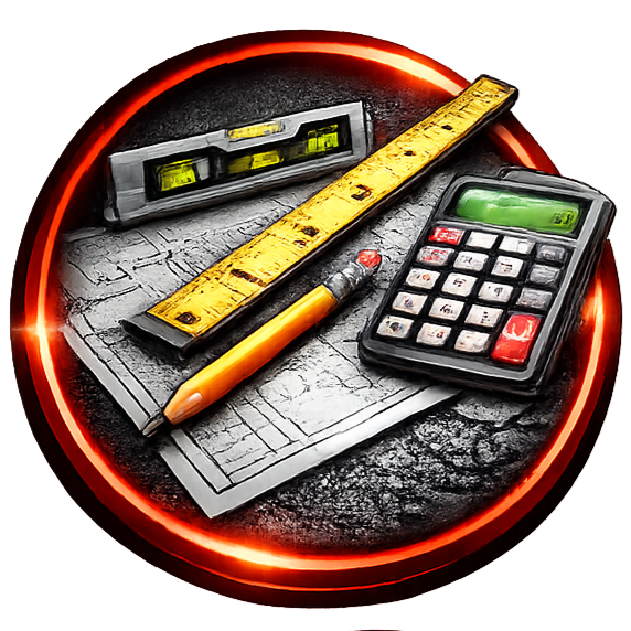 A yellow ruler, spirit level, pencil, and calculator arranged on a blueprint inside a glowing circular frame.
