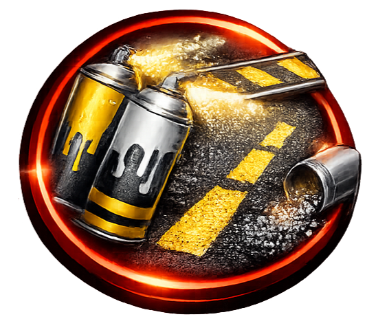 Two spray paint cans painting yellow road lines on asphalt inside a red-rimmed circle.