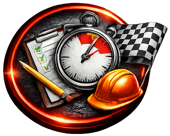 A stopwatch, clipboard with checked list, pencil, and safety helmet, overlaid with a racing flag in a circular frame.