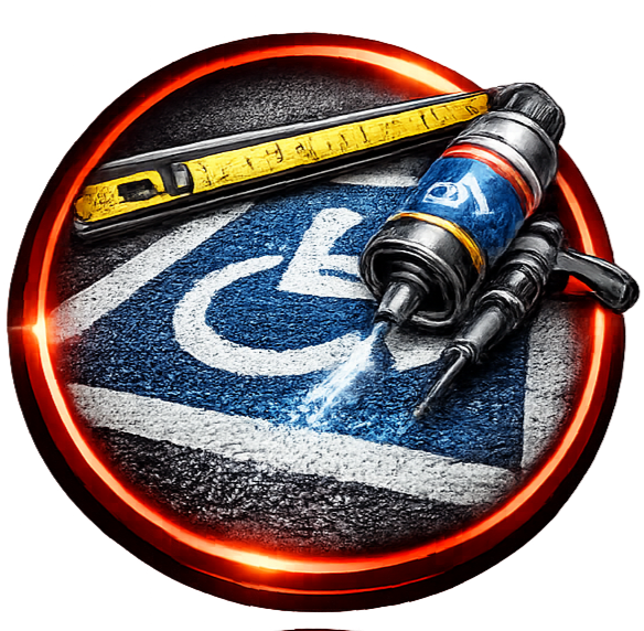 A spray paint can and a leveling tool resting on an asphalt surface featuring a blue handicap parking symbol.