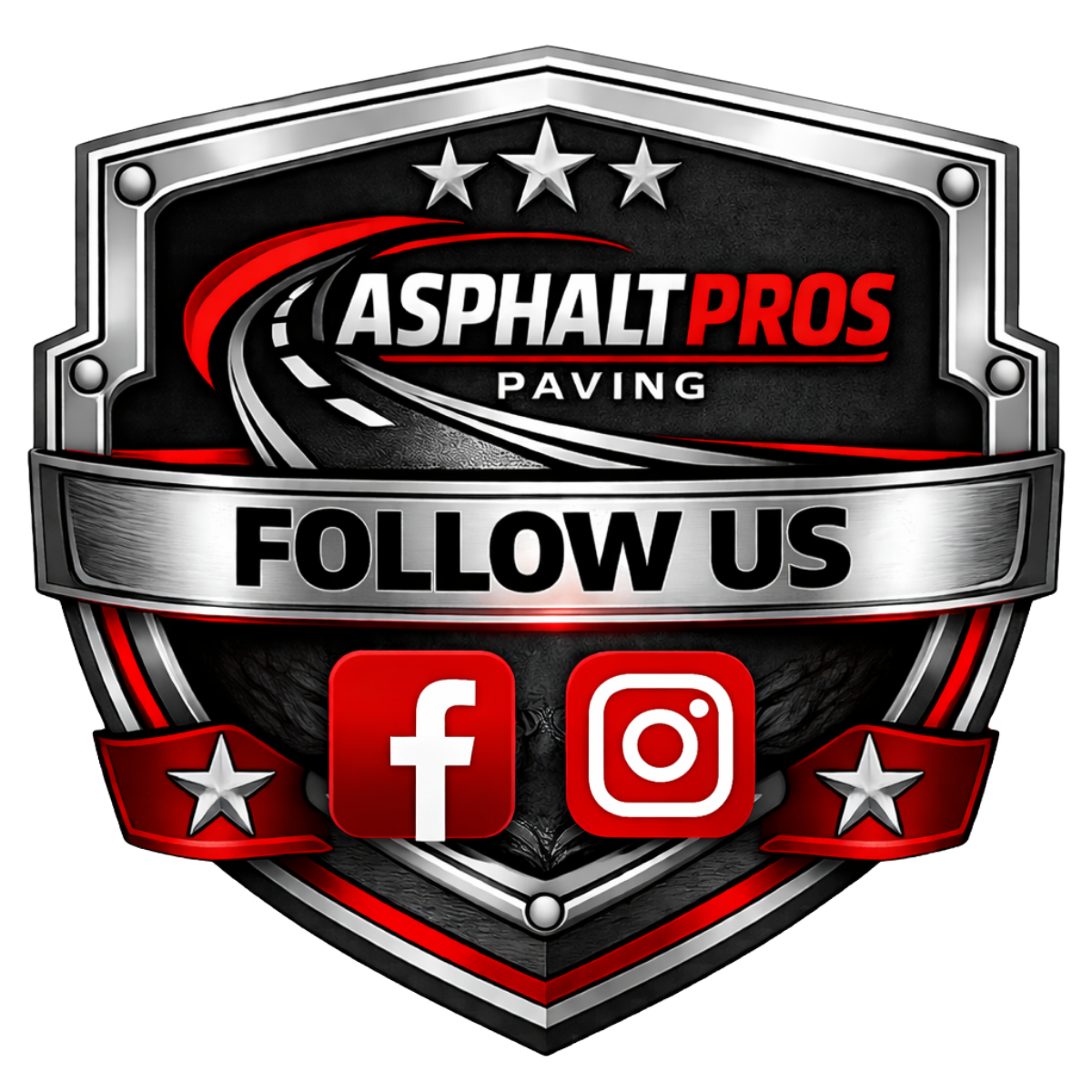 Logo for Asphalt Pros Paving featuring a shield design with road graphics, text, and Facebook and Instagram icons.