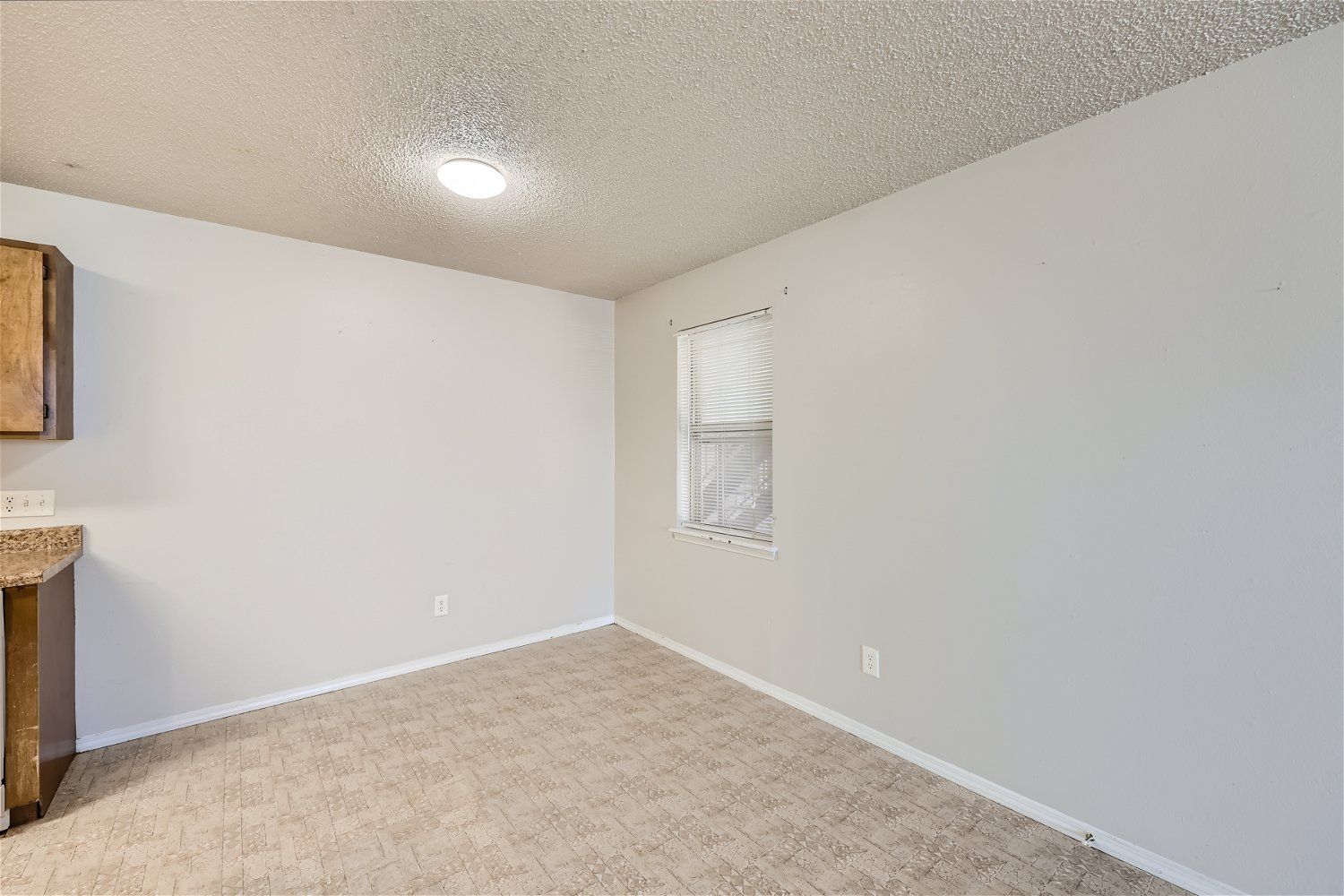 Empty room with beige carpet, light gray walls, small window with white curtains, and a ceiling light.