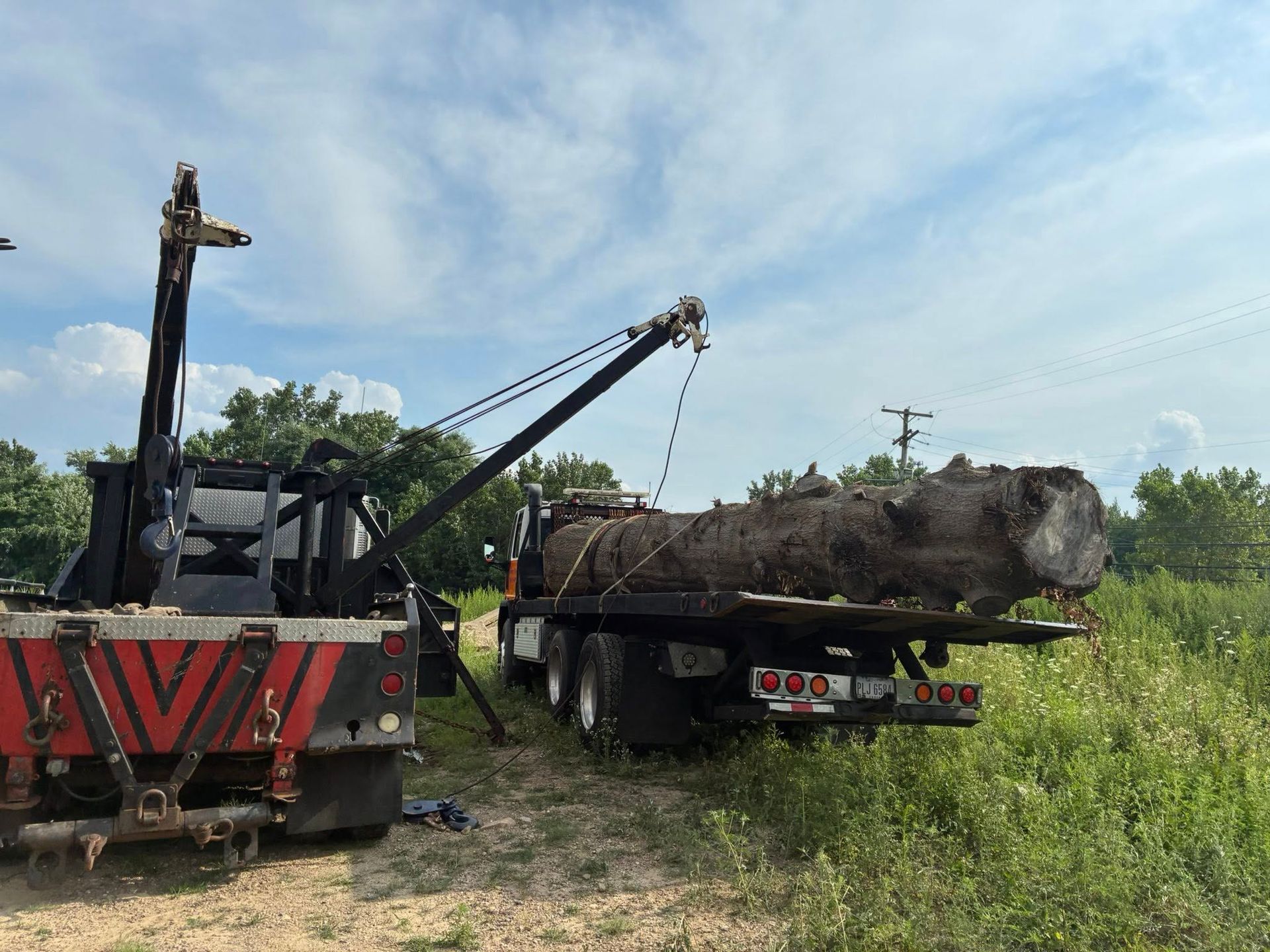 Tow truck loading a large tree trunk onto a flatbed truck in a field on a cloudy day.