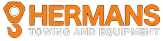 Logo of Hermans Towing and Equipment, with a stylized orange tow hook. Text is orange and gray.