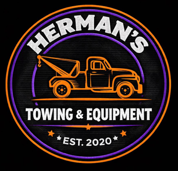 Logo of Hermans Towing and Equipment, with a stylized orange tow hook. Text is orange and gray.