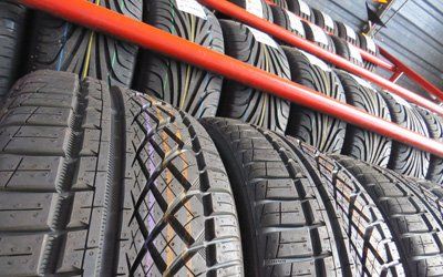 a huge stack of a wide range of commercial vehicle tyres