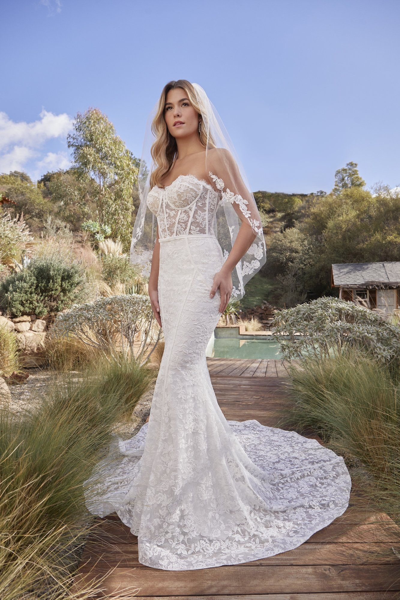 A woman in a wedding dress and veil is standing on a wooden bridge.