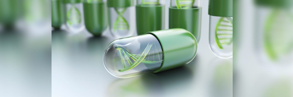 A close up of a green capsule with a plant inside of it.