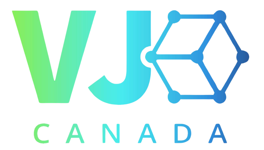 A blue and green logo for canada with a cube in the middle. VJO pharmaceutical research