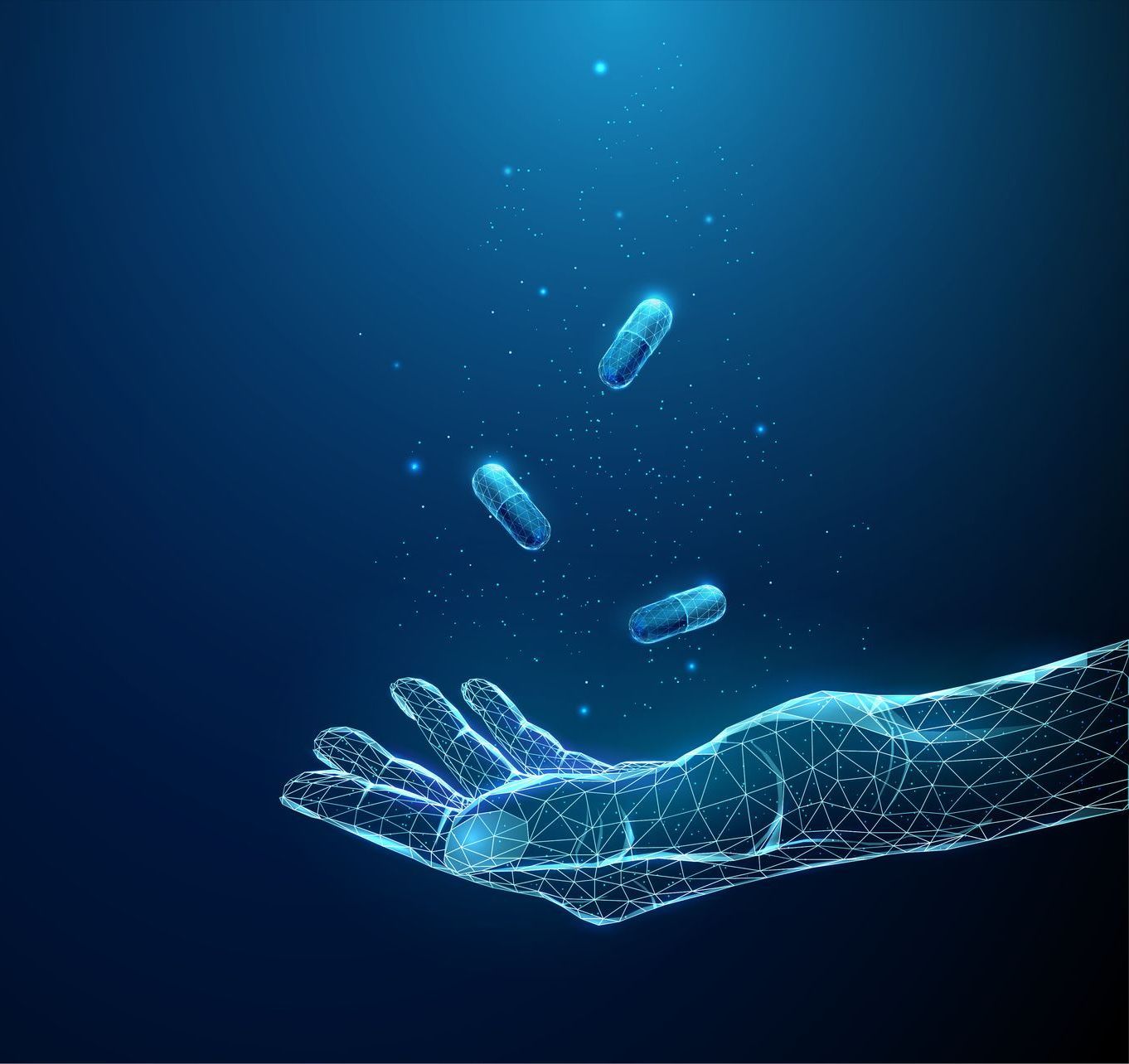 A hand is reaching for a capsule that is falling from the sky.